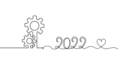 Abstract round metal gears wheels with 2022 as line drawing on white background. Vector