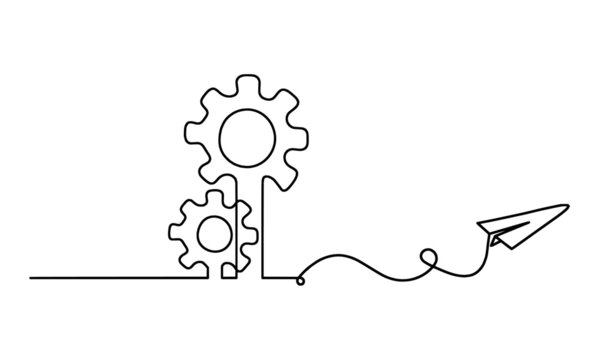 recommend clip art: Abstract round metal gears wheels with paper plane as line drawing on white background