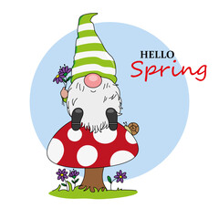 Welcome to spring cartoon. Cute gnome sitting on top of a mushroom.