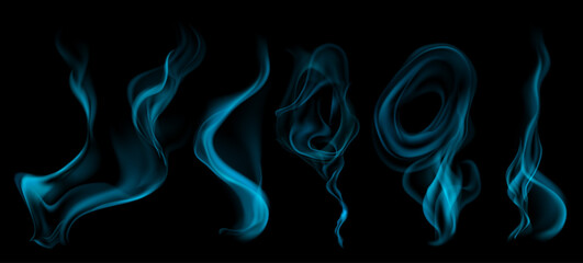 Set of several realistic transparent light blue smokes or steam, for use on dark background. Transparency only in vector format