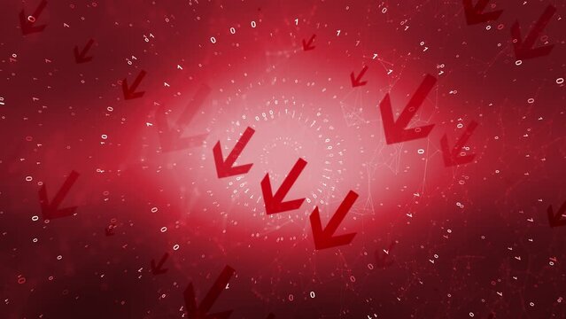 Red background with binary numbers data information and arrows pointing down business collapse concept animation. 