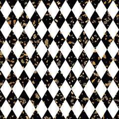 Geometric Black and White Terrazzo Stone Texture Seamless Pattern Design with Gold Details. Rhombus Background.