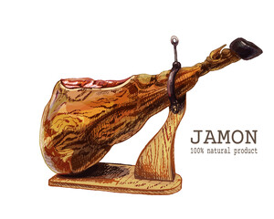 357_jamon_Spanish jamon, traditional jerky, pork jerky, ham sketch, wooden chopping stand, colorful, vintage style, farm meat product, Spanish jamon, Iberico, Serrano