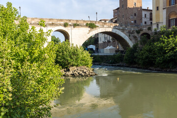 Castello Caetani, Tiber River and Pons Fabricius in city of Rome, Italy