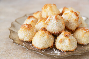 Coconut cookies macarons in a bowl. Passover food. Selective focus