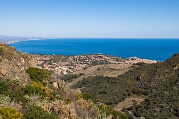 Vue sur Collioure et sa baie au bord de la Méditerranée depuis le Massif des Albères (Occitanie,...