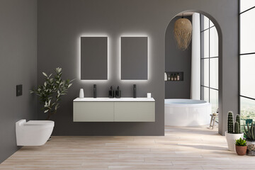 Minimalist black bathroom interior with brown parquet floor, white oval bathtub  front view. Minimalist bathroom with modern furniture and city view. 3D rendering
