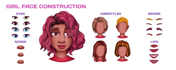 Cartoon young woman face construction facial elements. Avatar of black girl with hairstyle, brows and lips. African american female character creation dark skin heads, nose, eyes on white background.