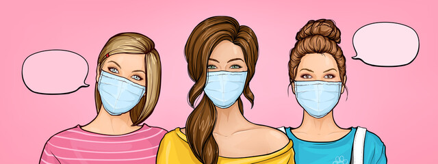 Pop art blonde and brown women in protective masks. Female faces with speech bubble on pink background. Protection from flu virus, coronavirus, or smog pollution. Healthcare vector illustration.