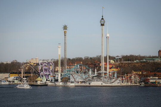 View of waterside theme park in Stockholm, Sweden, in the spring.