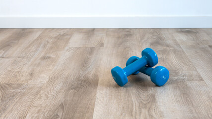 Exercise with two blue dumbbells, preparing for sports training at house indoor.