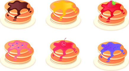 Cartoon pancakes. Stacks of tasty pancakes with maple syrup, butter, chocolate syrup, fruits and jam.