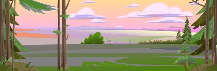 Fototapeta premium Rural fields. Beautiful scene in nature. Nice summer landscape in morning or in evening. Illustration in cartoon style flat design. Vector