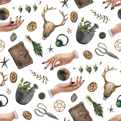 Watercolor seamless pattern for textiles and packaging. Woman's hands, moon, deer skull, magical objects.