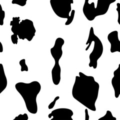 Seamless dalmatian fur animal print. Animal skin template. Spot background. Vector design illustration. Random bovine spots hand drawn design. Farm animal textural banner.