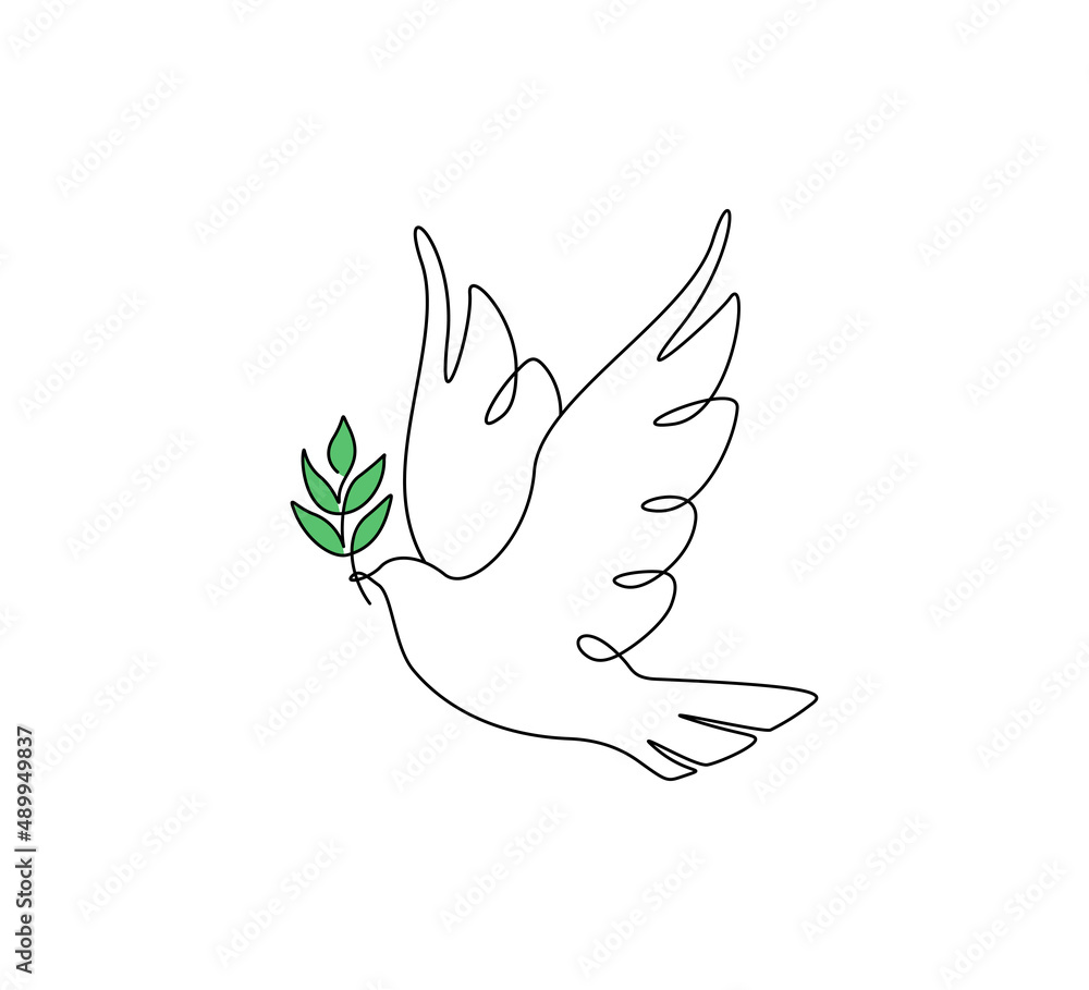 Wall mural One continuous line drawing of flying dove with olive branch. Bird and twig symbol of love peace and freedom in simple linear style. Pigeon icon. Doodle vector illustration