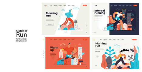 Obraz na płótnie Canvas Runners website templates set. Flat vector concept illustrations of athletes running in a park, forest, stadium track or street landscape. Healthy activity and lifestyle. Sprint, jogging, warming up.