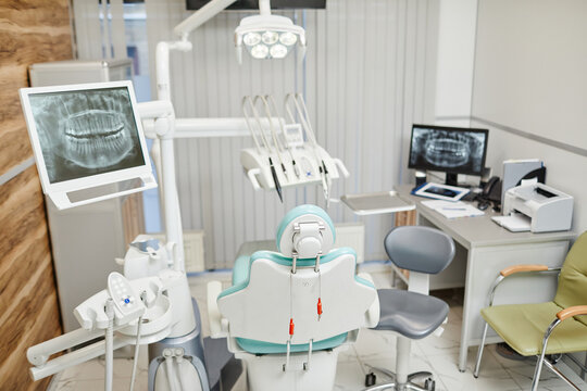 Background image of modern office in dental clinic with focus tools and equipment, copy space