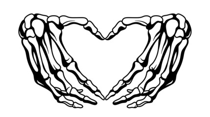 Hand. Human bones. Human skeleton. Illustration of a skeleton hand. Hands show a heart. - obrazy, fototapety, plakaty