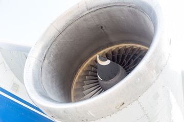 Close up photo of a big airplane jet engine