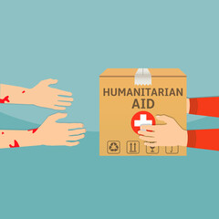 Humanitarian aid. A box passed from hand to hand. Flat design illustration.