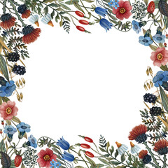 Watercolor illustration, square frame of wildflowers and herbs.