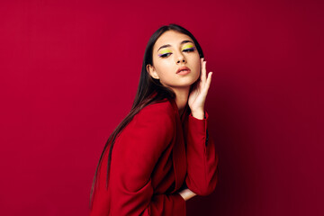 attractive girl fashion posing in red jacket isolated background unaltered