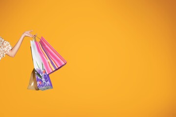 Sale offer. Black Friday. Shopping discount. Woman hand holding purchase bags