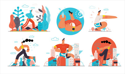 Runners set. Flat vector concept illustrations of male and female athletes running in the park, forest, stadium track or street landscape. Healthy activity and lifestyle. Sprint, jogging, warming up.