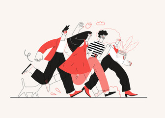 Startup illustration. Flat line vector modern concept illustration of young people, startup metaphor. Concept of building new business, planning, strategy, teamwork and management, company processes