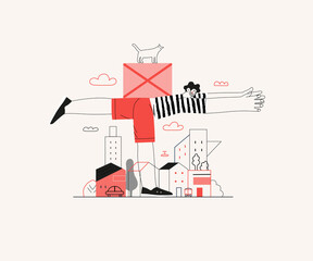 Startup illustration. Flat line vector modern concept illustration of a young man, startup metaphor. Concept of building new business, planning and strategy, teamwork and management, company processes