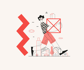 Startup illustration. Flat line vector modern concept illustration of a young man, startup metaphor. Concept of building new business, planning and strategy, teamwork and management, company processes