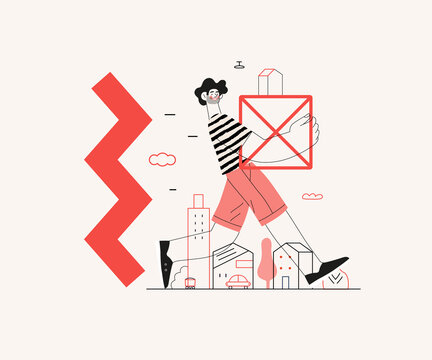 Startup illustration. Flat line vector modern concept illustration of a young man, startup metaphor. Concept of building new business, planning and strategy, teamwork and management, company processes