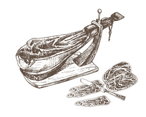 344_jamon_Spanish jamon, traditional jerky,dried pork, ham sketch, wooden chopping stand, engraving, vintage style, farm meat product, Spanish jamon, Iberico, serrano - obrazy, fototapety, plakaty