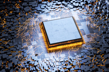 Microchips on a circuit board. CPU. Firmware for microcontrollers. Microchip concept. 3d render - obrazy, fototapety, plakaty
