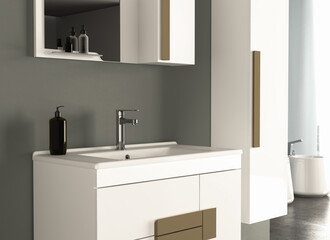 Close up of sink with square mirrors standing in on black wall , white cabinet with black faucet in minimalist bathroom. Side view. 3d rendering