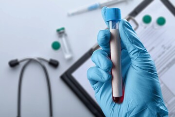 Hand of doctor holding a blood test tube during covid-19 outbreak. New strain or varinat coronavirus omicron.