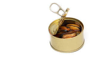 A can of preserves with mussels, isolated on white background. Food canning concept.