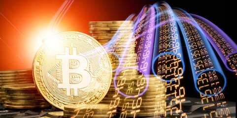 shining electric bitcoin cryptocurrency gold coin on money coins, valuable rising currency
