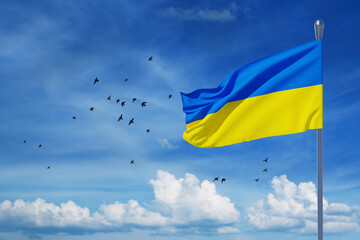 Ukraine flag on the blue sky with bird. Close up waving flag of Ukraine with place for your text. Flag symbols of Ukraine. 3d rendering.