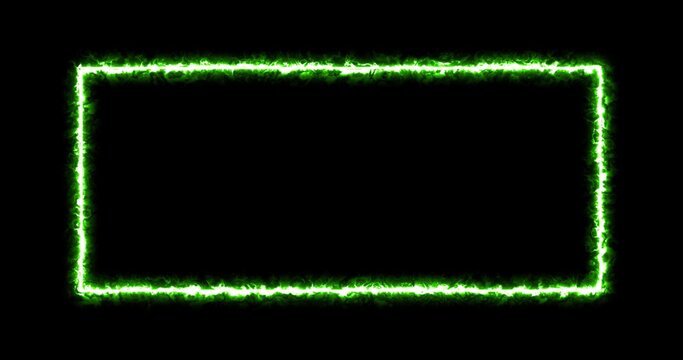 Rectangle, frame of energy, neon, smoke. green rectangle on a black background. 3d image Gradually, a neon square of energy appeared and a constant flicker in the rectangle.