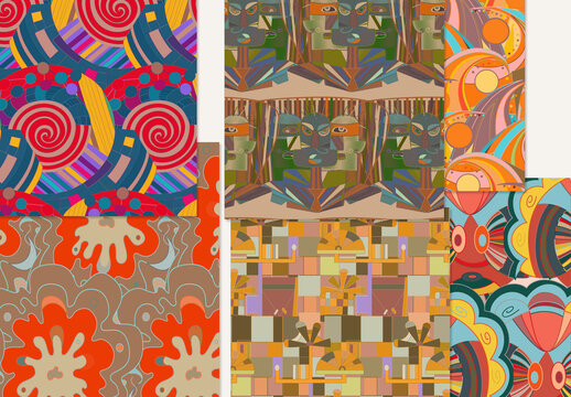 Set of Abstract Seamless Patterns with Cubism Art Elements and Graffiti Wall Style