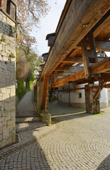 Bad Kösen, Germany, historical transport system for the graduation tower and salt mine in the street