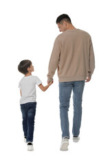 Little boy with his father on white background, back view