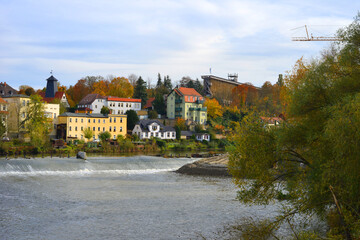Obraz premium Bad Kosen, Germany, Saale River, barrage town view with Graduation Tower construction