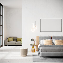 Stylish modern interior of the room with light walls and comfortable furniture. 3D renderer