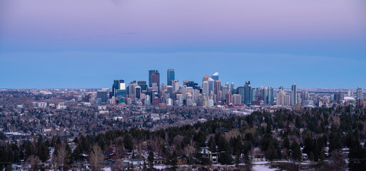Panoramic image of Calgary, Alberta at sunset.