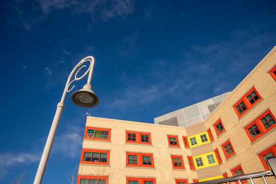 Calgary, Alberta - February 27, 2022: Exterior Views Of The Colourful Alberta Childrens Hospital In Calgary.