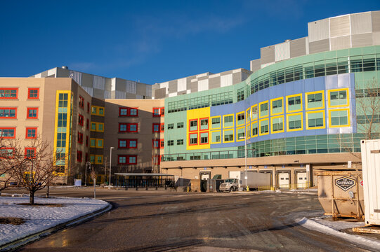 Calgary, Alberta - February 27, 2022: Exterior Views Of The Colourful Alberta Childrens Hospital In Calgary.