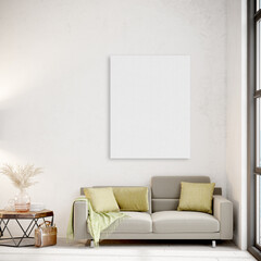 Mock up poster frame in modern interior background, living room, Boho - Scandinavian style, 3D render, 3D illustration
